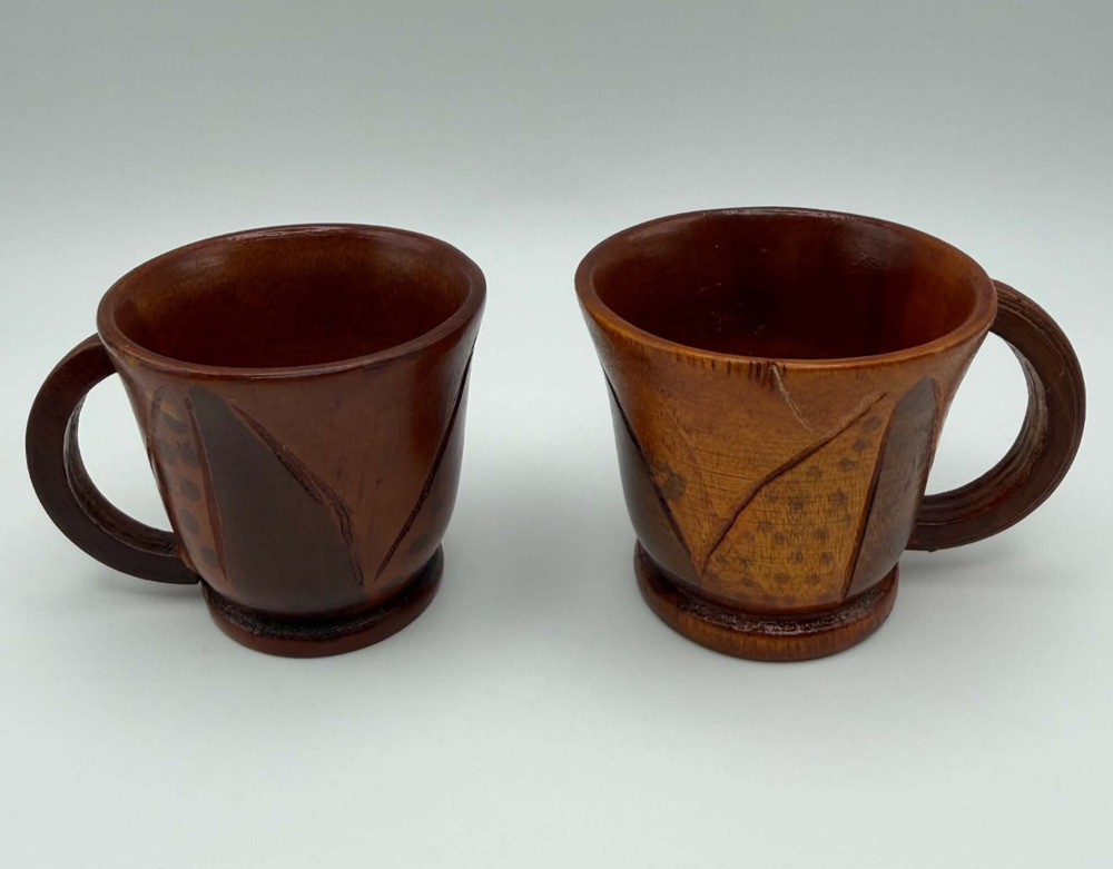 Handcrafted Mini Wooden Small Mugs Espresso Cups Set of 2 Carved Leaf Pattern